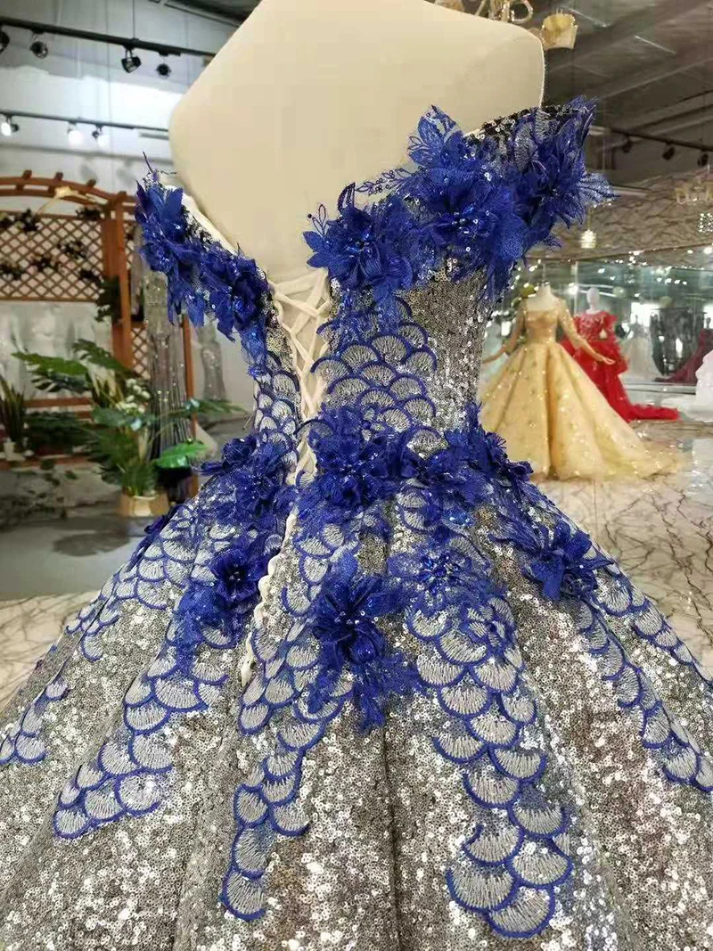 

BGW 22527ht Ball Sparkly Party Dresses Ladies Blue Flowers Shiny Women Dress Curve Shape Floor Length Evening Dress Off Shoulder
