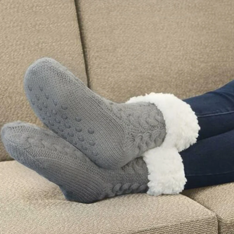 

Winter Women Thick Cozy Fuzzy Fleece-lined Thermal Non-Skid Slipper Socks Wool Cashmere Socks