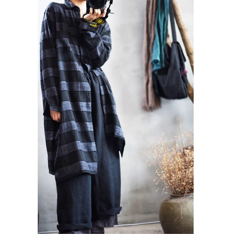 Женские свободные льняные рубашки в полоску женские винтажные кардиганы