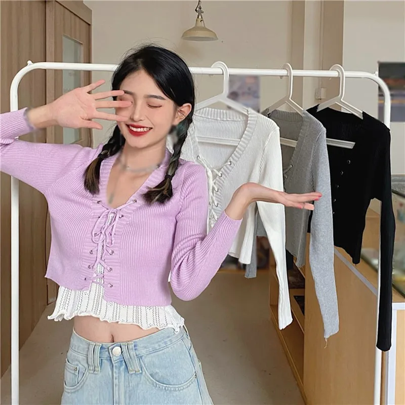 

Autumn New Women Comfortable Cardigan Chest Strap All-match Age-reducing Long-sleeved Knitted Top