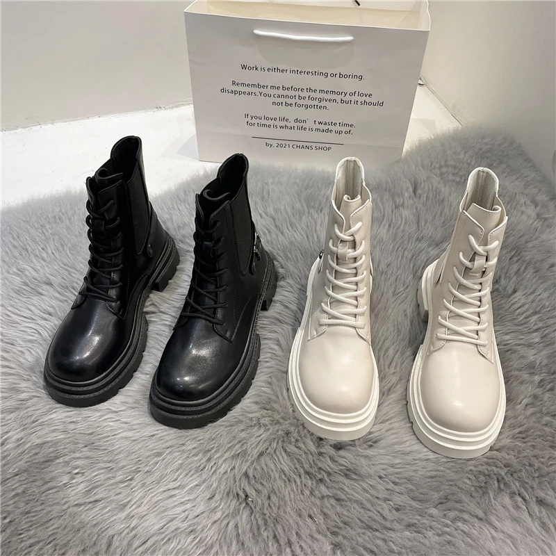 

Женские ботинки с круглым носком, однотонные ботинки на платформе, на шнуровке, с резиновой подошвой, на высоком каблуке, на шнуровке, осень ...