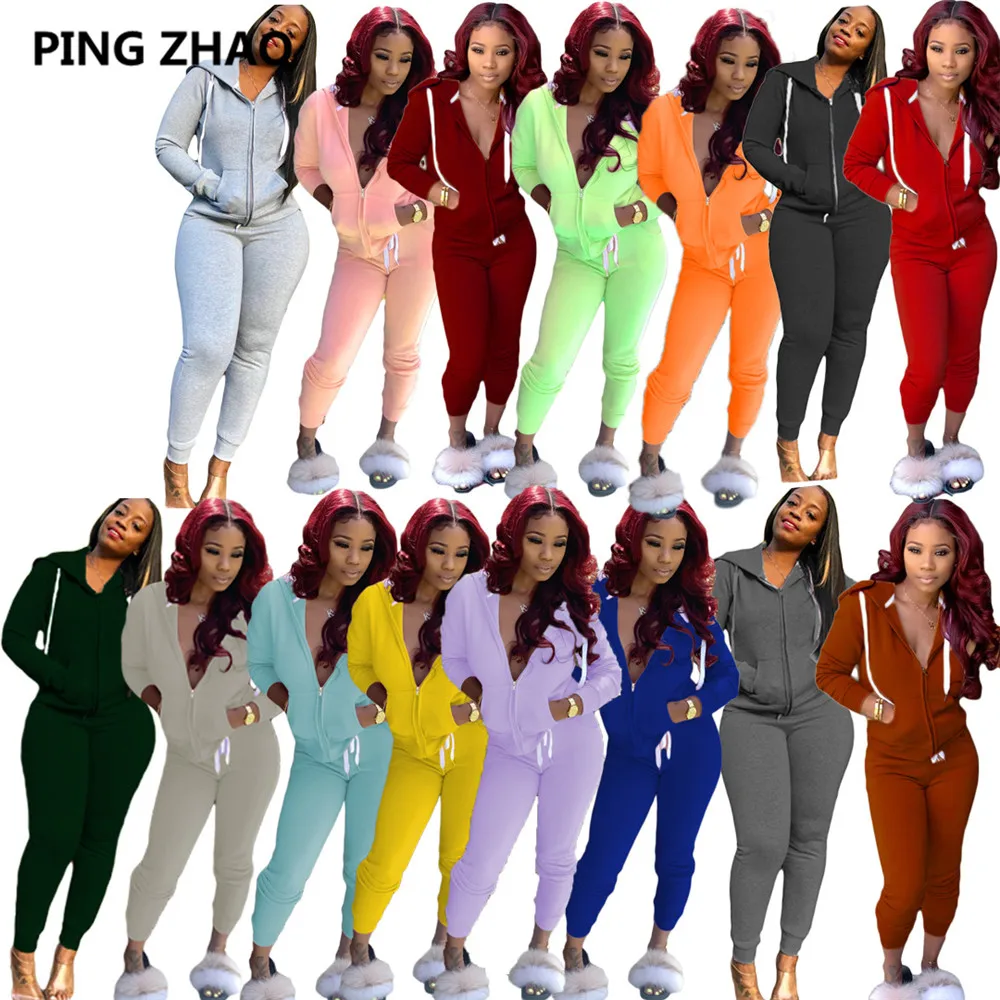 

PING ZHAO Women Suit Tracksuit Solid Color Sportwear Long Sleeve Hooded Zipper Two Pieces Set Coat +Long Pants Outfit Clubwear