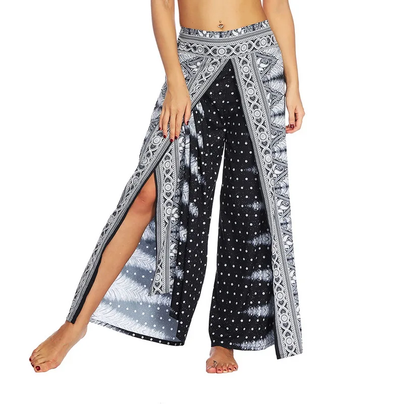 

2020 Womens Palazzo Slit Wide Leg Pants Summer Casual Beach Boho Print Pants Plus Size High Waist Gym Yoga Pants Sweatpants