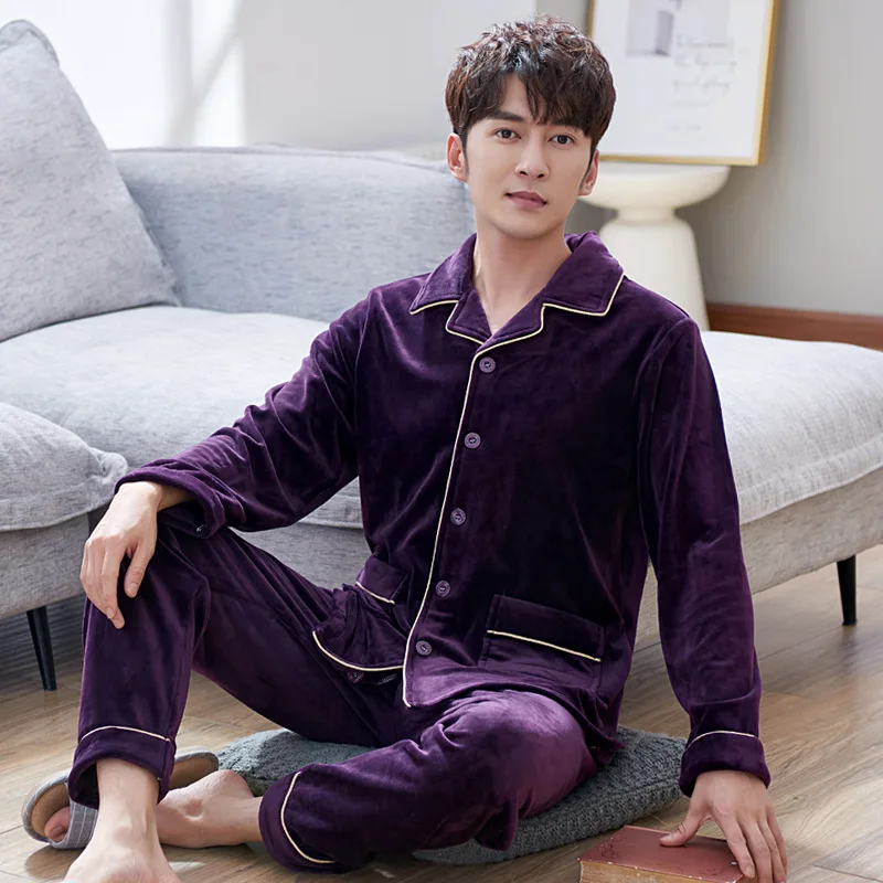

Пижама из кораллового флиса Мужская мягкая флисовая одежда большого размера для отдыха для молодежи среднего возраста осенняя и зимняя оде...