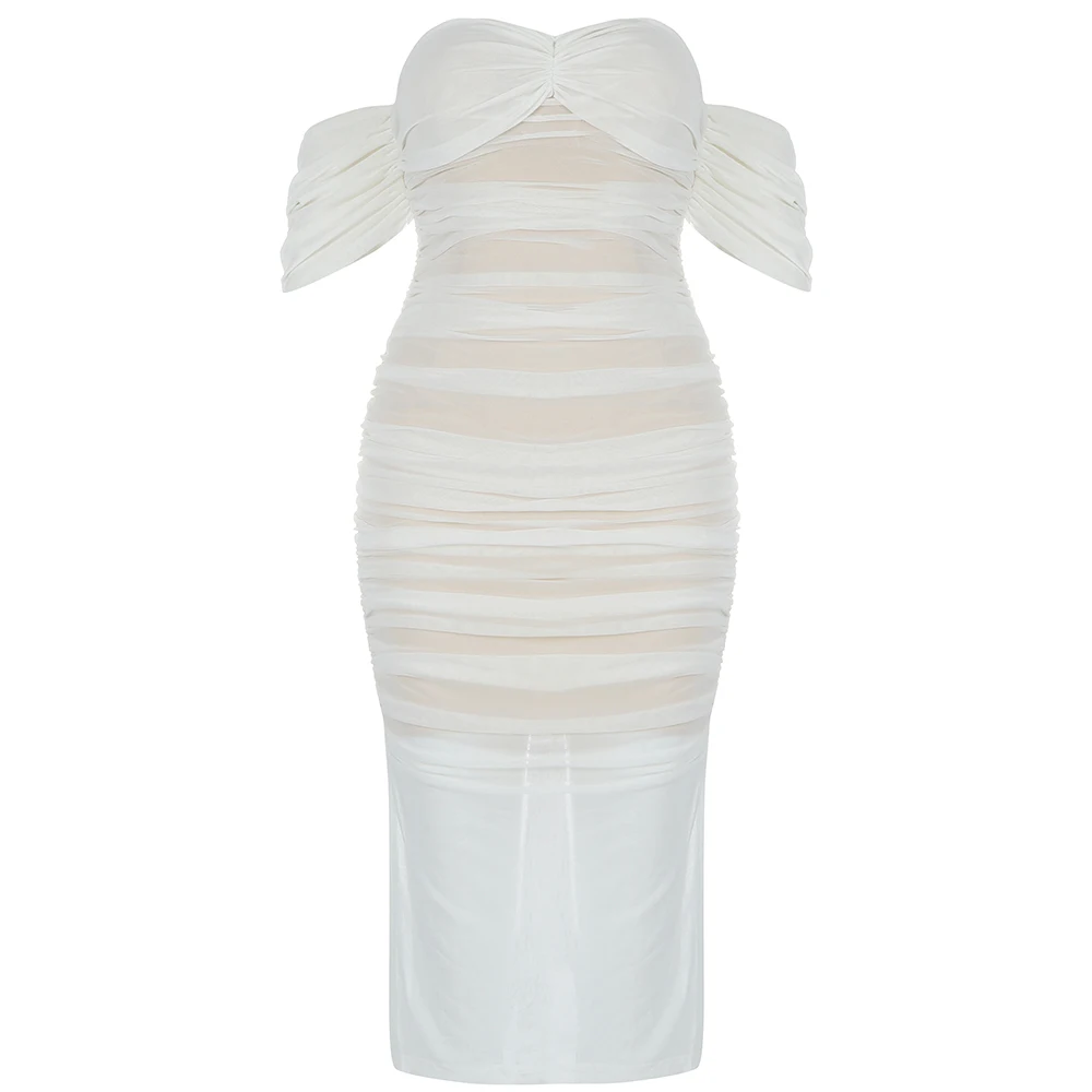 

2021 Summer Fashion Off Shoulder Short Sleeve Mesh Straps Women's Dress Sexy Lace Celebrity Party Mini Club Dresses