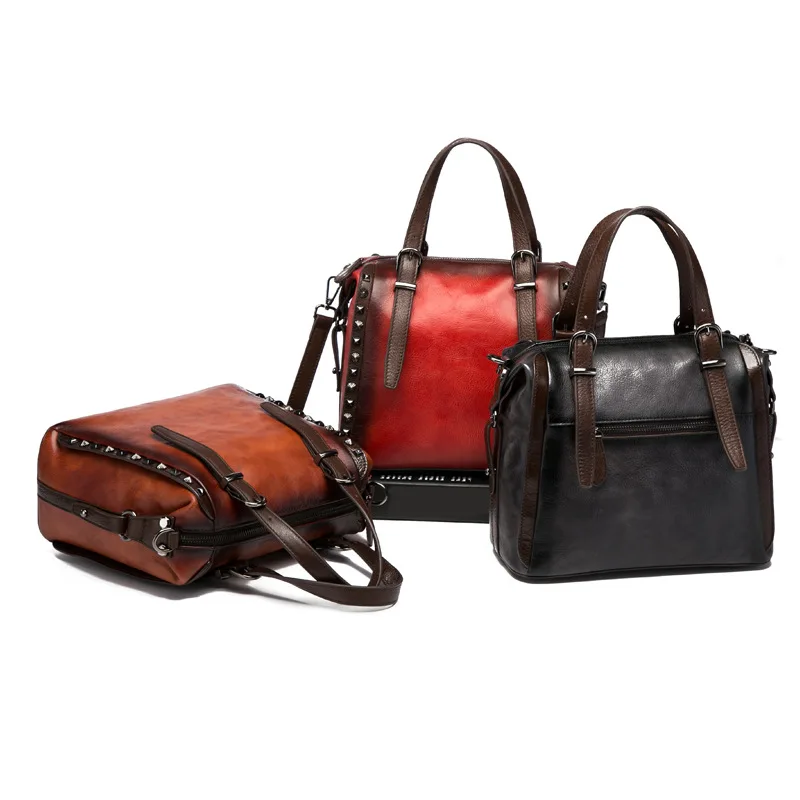

Bestform 2021 New Retro Genuine Leather Large Capacity Handbags Leisure Solid Color Rivet Soft Cowhide Shoulder&Crossbody Bags