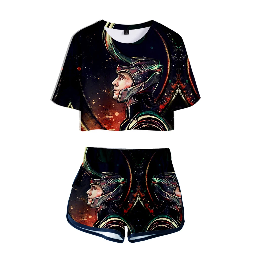 

Модный спортивный костюм LOKI The Dark World из двух предметов с 3D-принтом «росиный пупок», с коротким рукавом, сексуальные комплекты для девушек, кр...