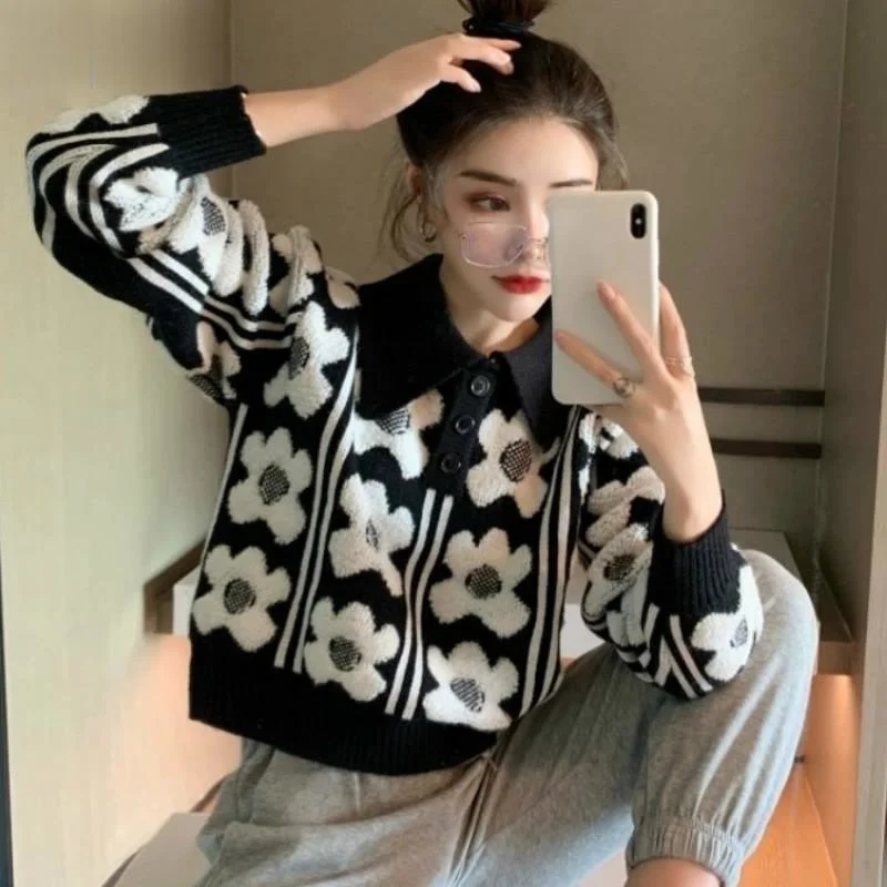 

Turn Down Collar Long Sleeve Single Breast Sweater Fashion Print Loose Knit Pull Femme Coat Spring 2021 Sueter