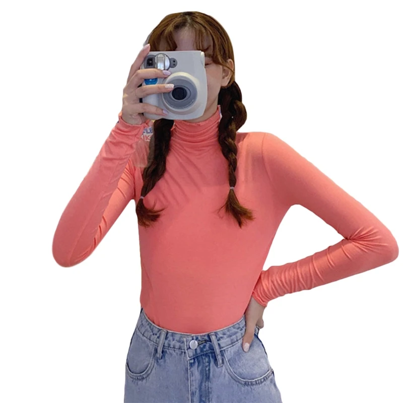 

Women Autumn Long Sleeve Turtleneck Korean Plain Solid Color Basic Pullover Top Ruffles Trim Slim Fit Streetwear