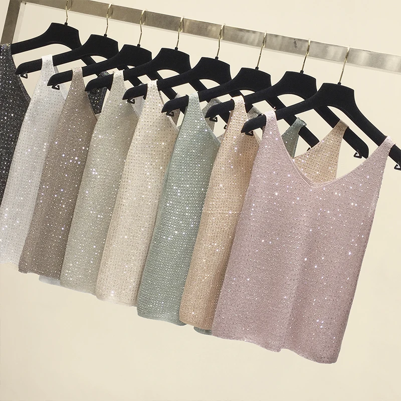 Вязаный жилет женский с V-образным вырезом стразы без рукавов ледяной шелк