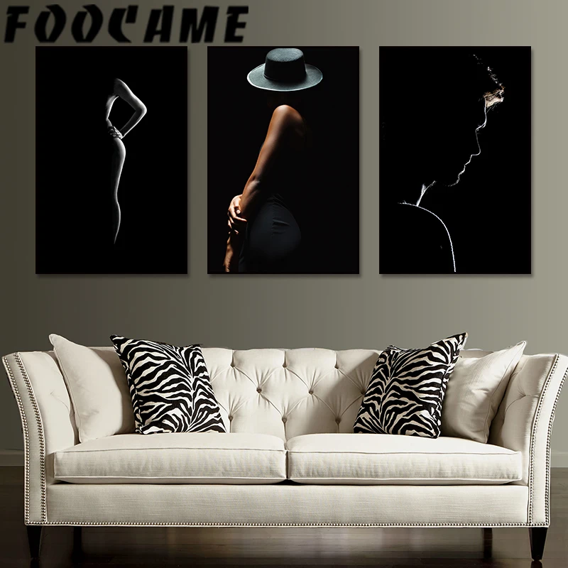 

Fashion Girl Man Wall Art Bblack Background Minimalism Vintage Poster Canvas Painting Retro Print Picture Living Room Decoration