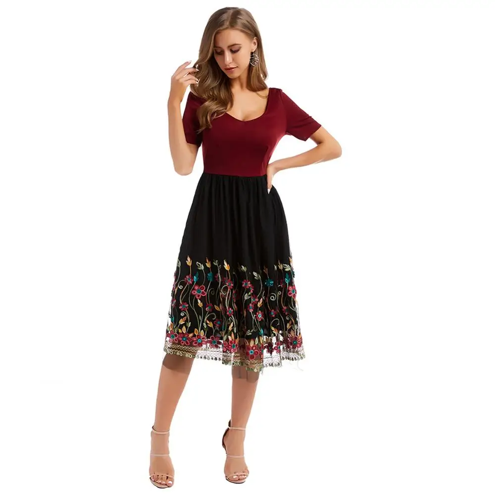 Красное Сетчатое платье с v образным вырезом и строчкой в стиле ретро сексуальное