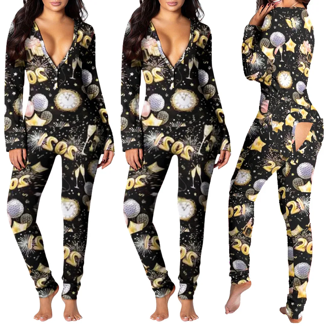 

Adogirl 2021 Firework Champagne Pattern Print Onesies Long Sleeve V-neck Pajama Romper Women Jumpsuit Nightwear Home Wear