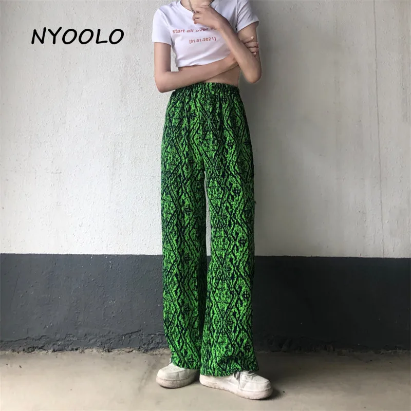 

NYOOLO Casual Steetwear Elastic High Waist Green Leopard Wide Leg Pants Women Summer Punk Hip Hop Oversized Baggy Trousers