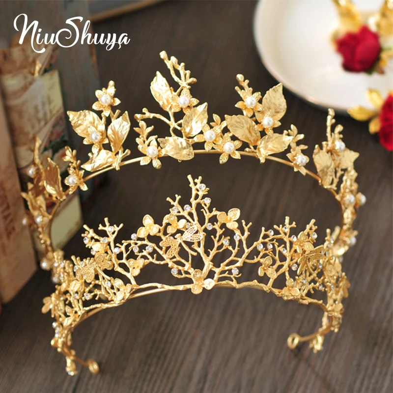 

NiuShuya New Baroque Gold Leaves Bridal Crown for Wedding Fashion Bridal Flower Large Queen tiara Hair jewelry Accessories