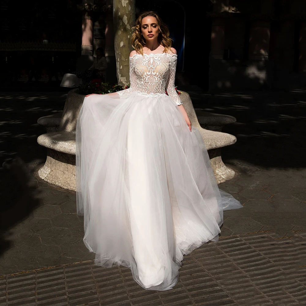 

Retro Weddin Dress Tulle A Line Boat Neck Three Quarter Sleeve Vestido De Novia Simple Bridal Gown Bohemian Floor Length