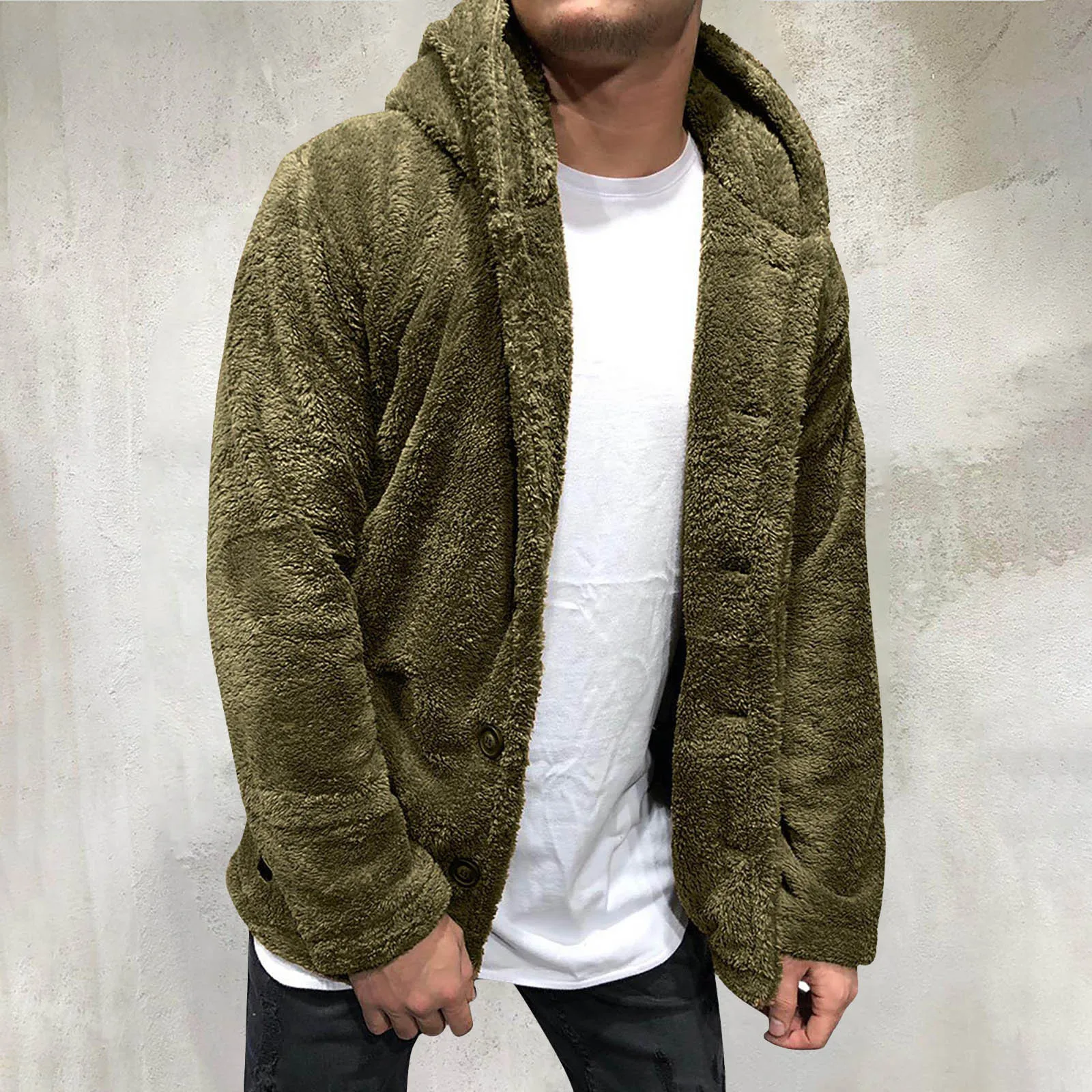 

Fashion Men's Autumn Winter Long Sleeve Hooded Pure Colors Zipper Loose Coat Casual Windbreaker Fleece Plush Jackets Outer#g3