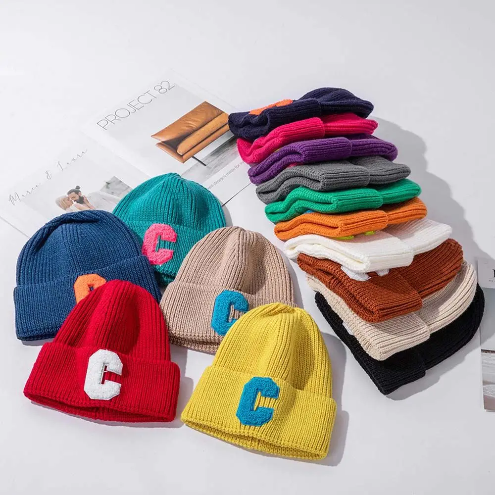 

New Korean Style C Letter Women Winter Woolen Knitted Cap Hats Pure Color Woolen Cap Trend Casual Wild Warm Hat