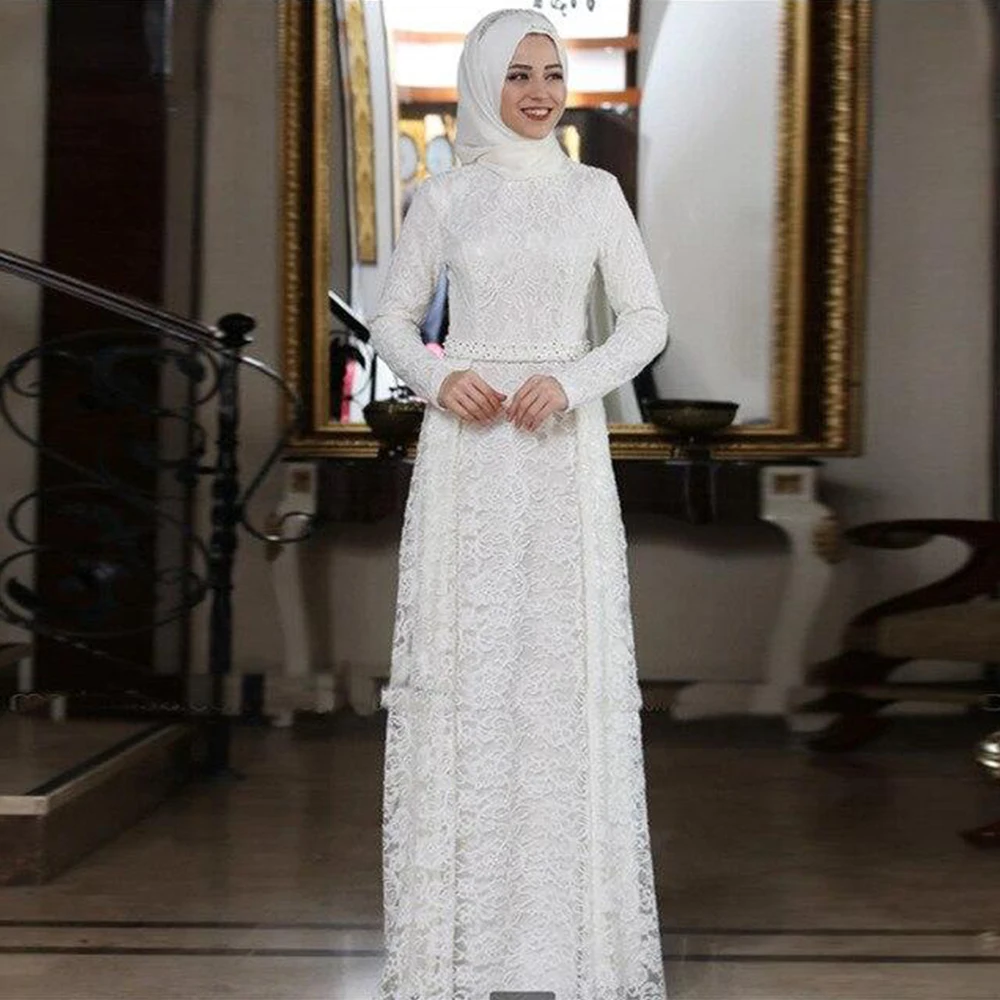 

A Line Robe De Mariage Musulman Elegant Floor Length Long Sleeve Applique White Color Wedding Dresses Bridal Gown