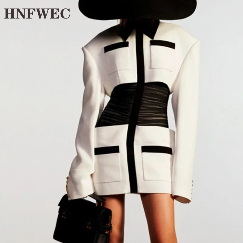 

Women Dress Patchwork Irregular Fake Two Vintage Dresses Long Sleeve Black White Color Matching Sexy Dresses 2020 New P642