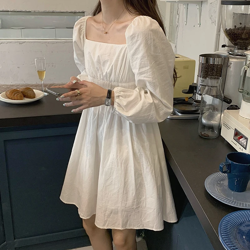 

Women Dress Long Sleeve Open Back Square Neck A Line Skirt Female High Waist French Retro Sexy Dress Women Party Night Club Wear