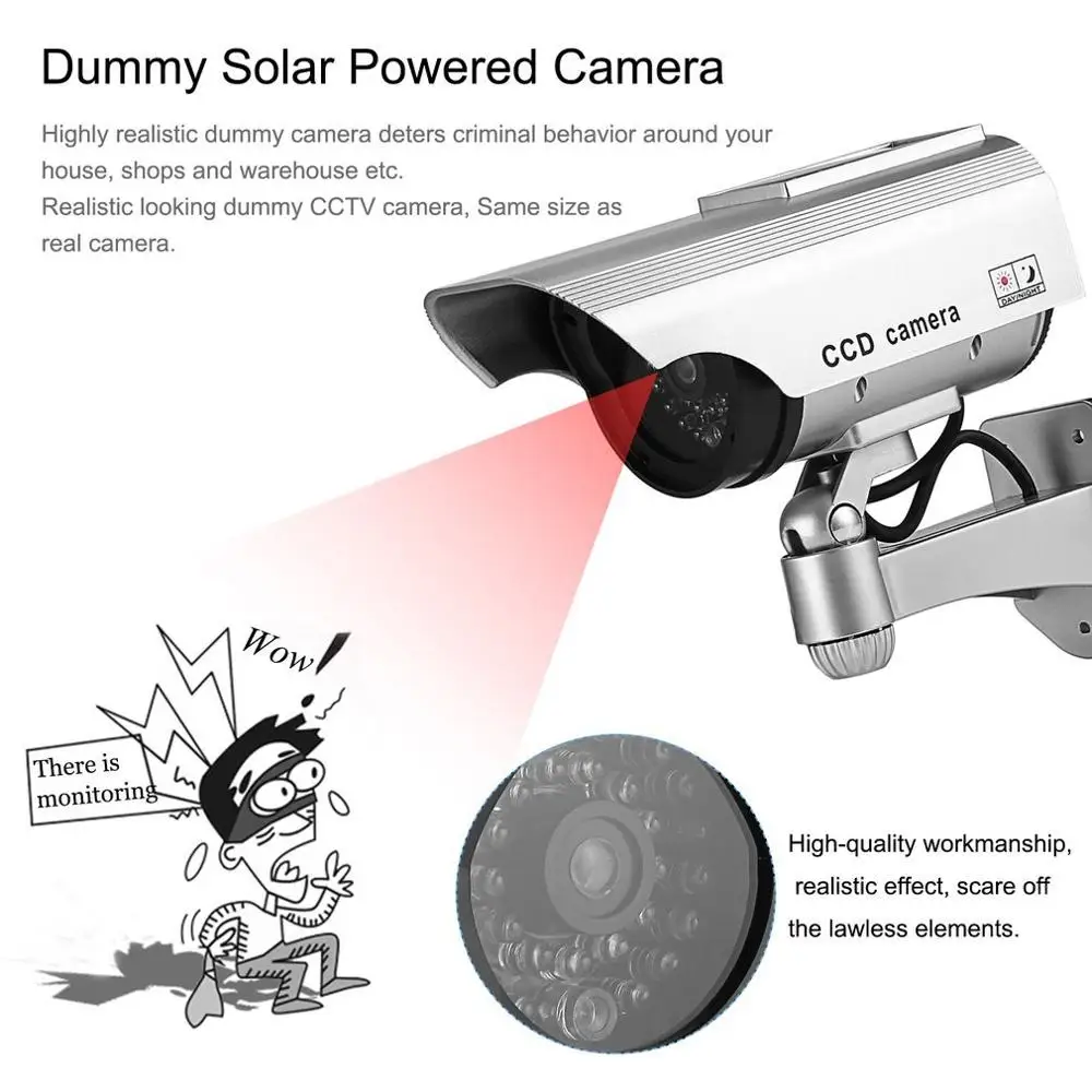 Dummy Solar Powered Fake Camera High Simulation CCTV Flashing Led Red Light Outdoor Monitor Waterproof Surveillance | Безопасность и