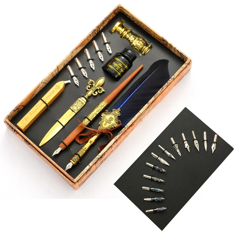 

Calligraphy Quill Feather Dip Pen Fountain Writing Ink Nibs Seal Wax Gift Box 090F