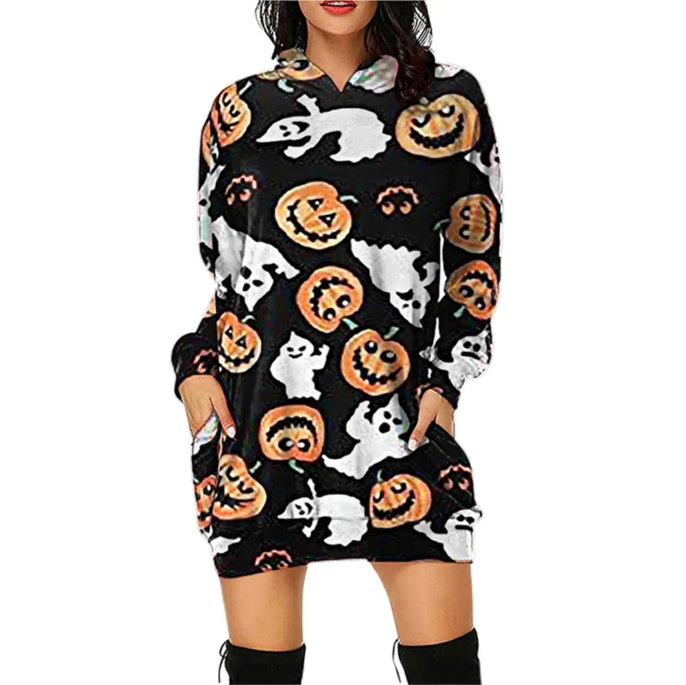 

Женская флисовая толстовка на Хэллоуин с принтом, повседневный Свободный пуловер средней длины, городской Повседневный Топ с капюшоном, но...