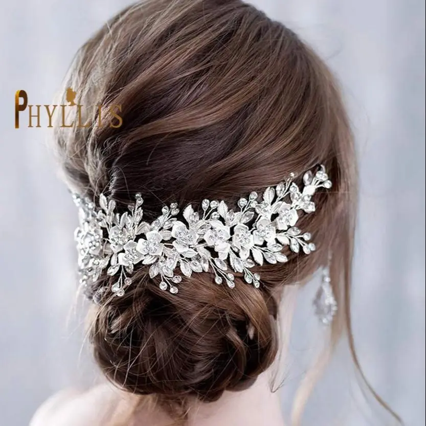 

A293 Crystal Bridal Headpiece Silver Wedding Headband Leaves Women Hair Vine Flower Bride Headwear Wedding Hair Jewelry