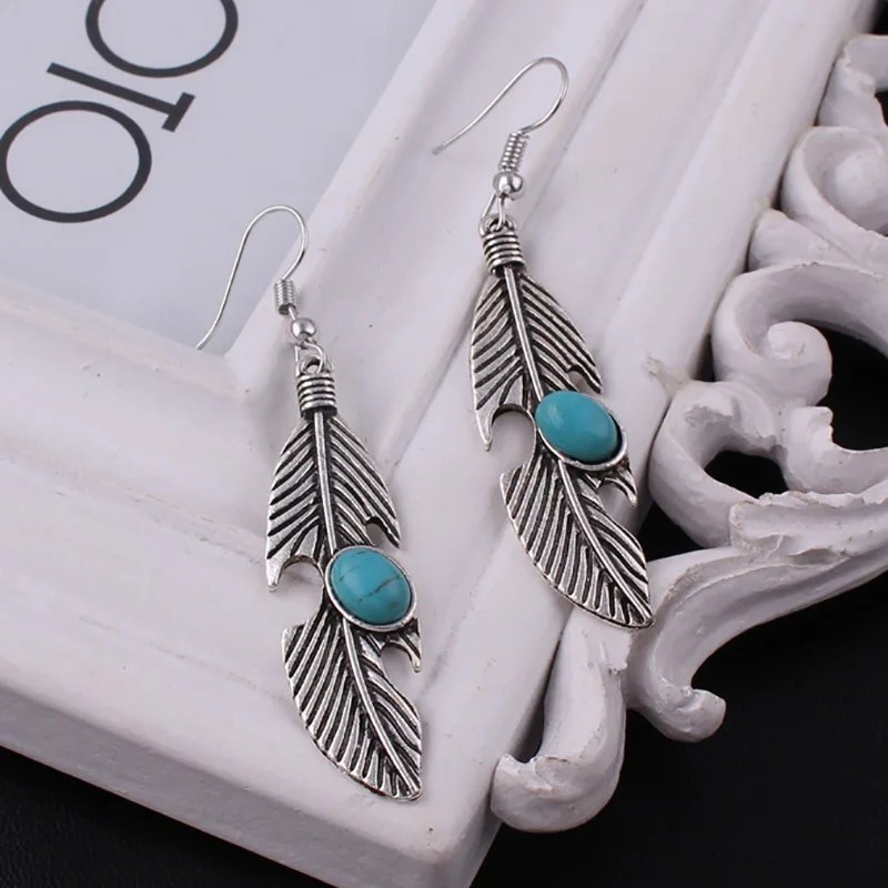 

Tenande Bohemian Maxi Tibet Silver Feather Leaf Drop Earrings for Women Turquoise Stone Dangle Earring Ear Jewelry Brincos