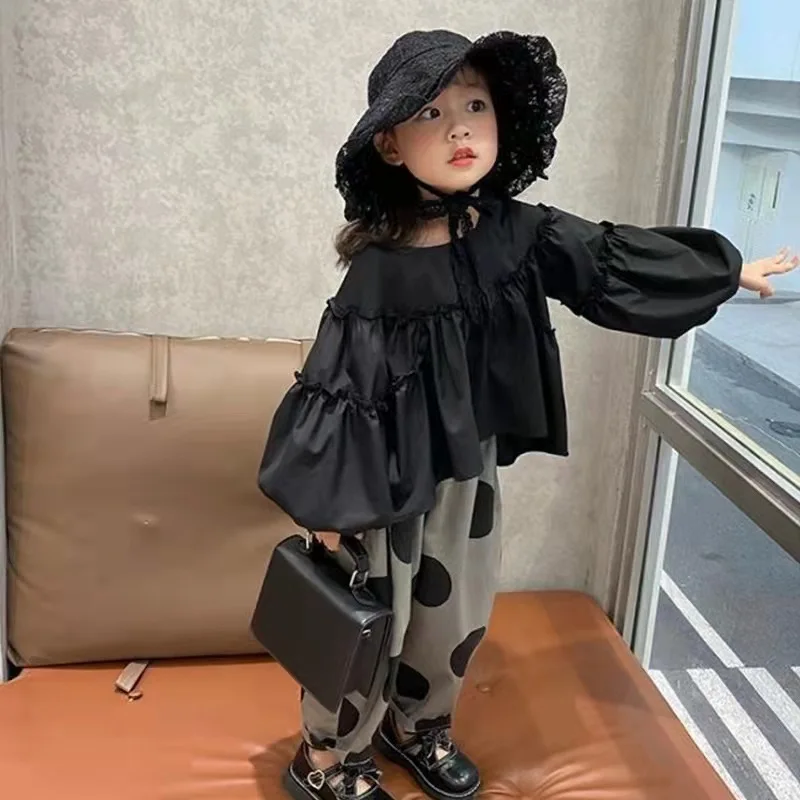 

Girls Suit Big Bow Puff Sleeve Top And Polka Dot Trousers Cotton Leisure 2022 Spring New Children'S Clothing