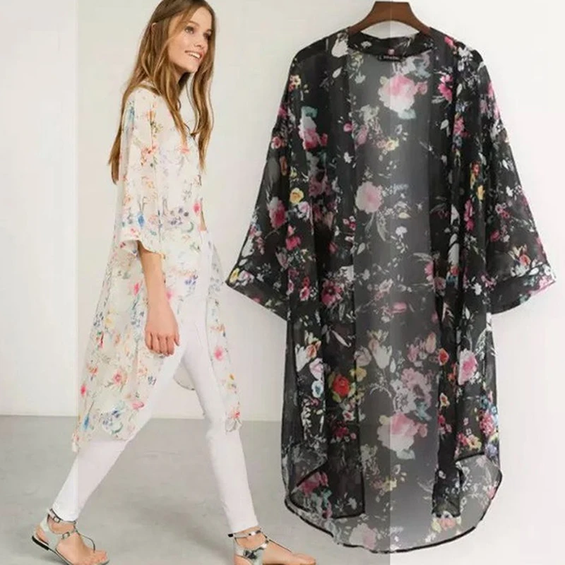 

Женское повседневное винтажное кимоно, кардиган, длинное шифоновое кимоно с вязаным крючком, черная Свободная блузка с цветочным принтом, л...