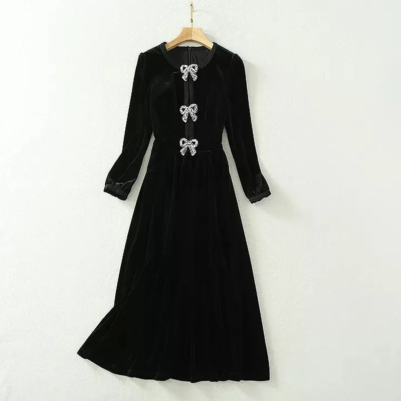 

Runway Fashion Velvet Spring Autumn Full Sleeve Diamonds Bow Green Black Hollow Out Long Elegant Dress