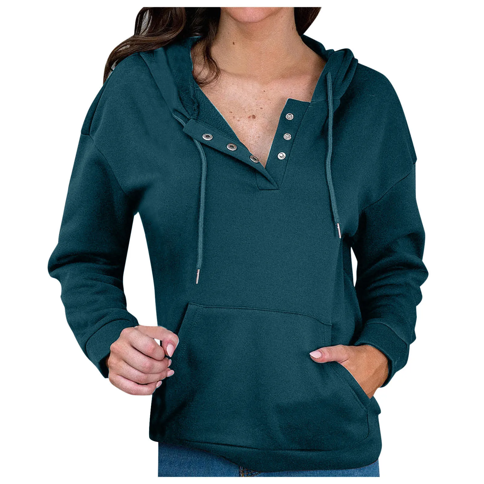 

Женская однотонная Толстовка с длинным рукавом, на пуговицах, свободная спортивная толстовка, женский модный Повседневный Топ с капюшоном, ...