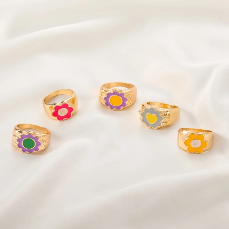 Ins Style Cute Enamel Rings for Women Gold Color Wide Sun Flower Ring New Design Vintage Jewelry Lady Gifts Party WC047 | Украшения и