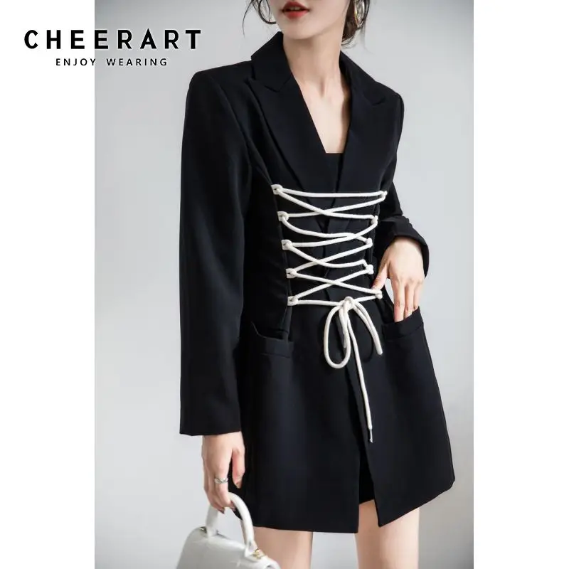 

CHEERART Designer Bandage Black Blazer Women Coats And Jackets Women 2021 Fashion Long Female Blazer Fall Suit Jackets Clothing