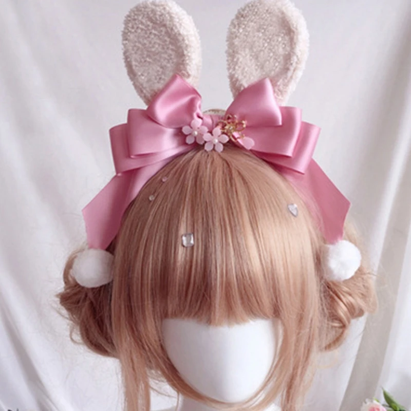 

Japanese Lolita Plush Rabbit Ears Headband Sweet Cherry Blossom Bowknot Bunny Hair Hoop Cute Pompom Anime Cosplay Headpiece Acce