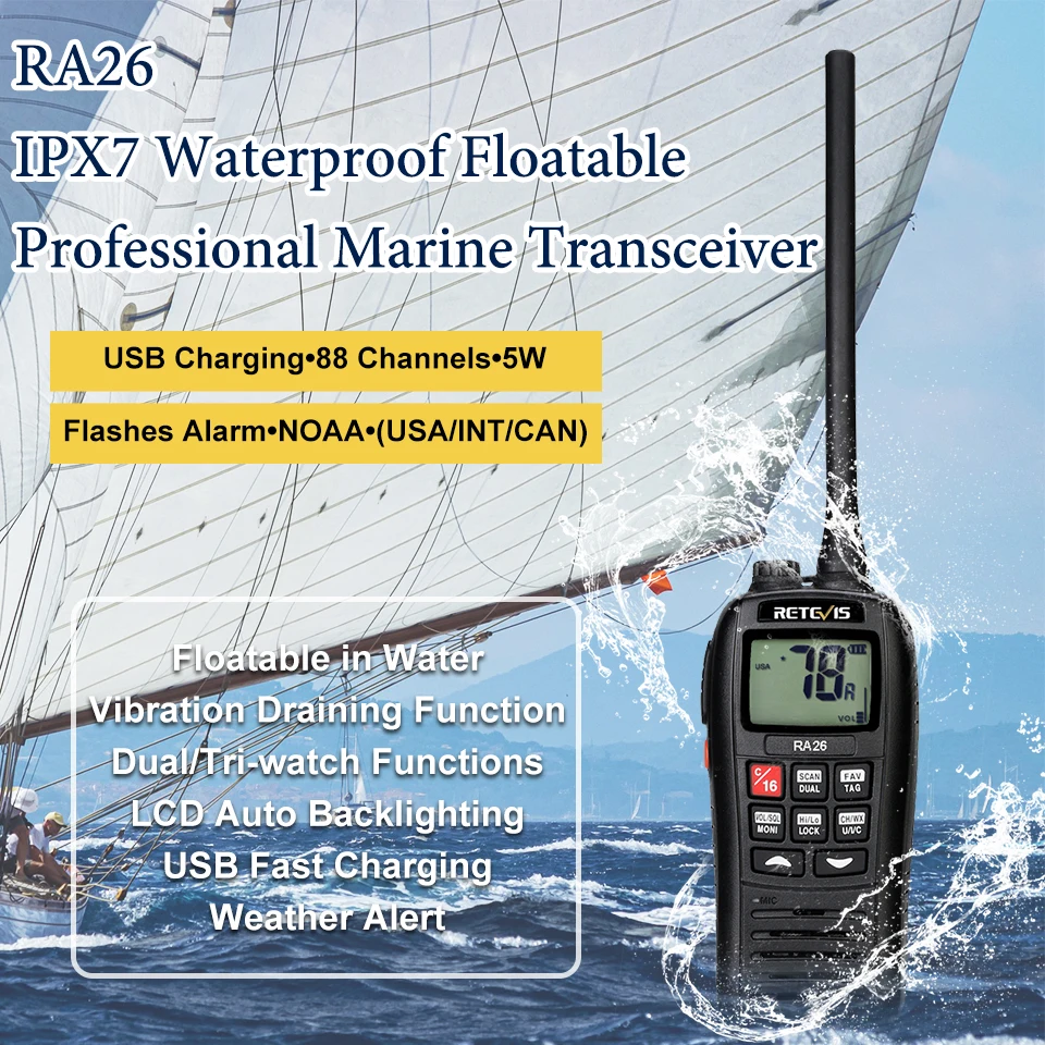Retevis RA26 Portable VHF Marine Radio Floating Walkie Talkie Waterproof IP67 5W Vibration Water Draining Long Range VHF Radio