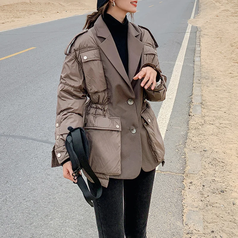 Autumn Winter 2023 Female Jackets Korean Trench New Suit Stitching Fake Two-Piece Short Thick Warm Loose Casual Women Coats Ins