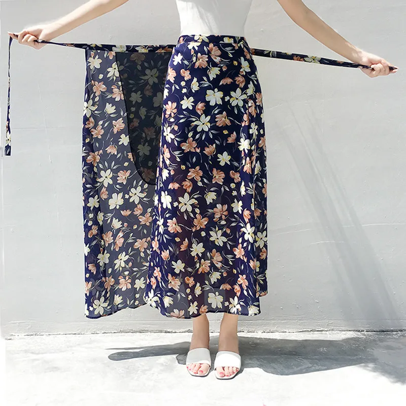 

Women Lace-Up One-Piece Print Flower Chiffon Skirt Summer Beach Chic Midi Floral Skirt Fashion High Waist Party Skirt Vestidos