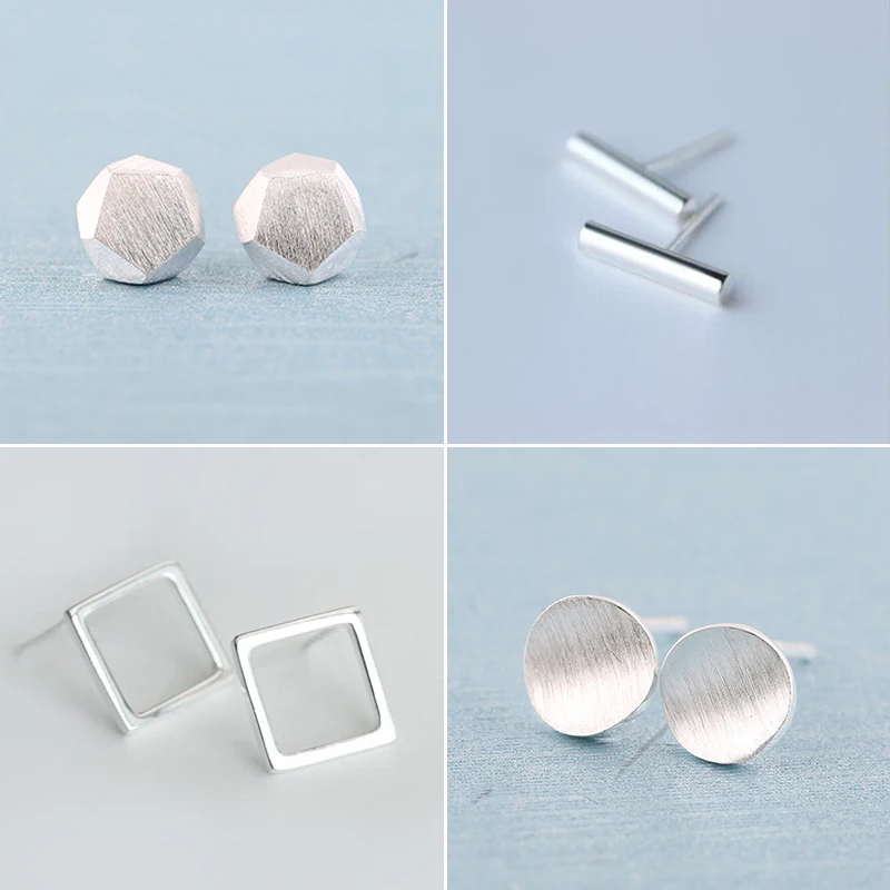 Vintage Simple Concave Round Stud Earrings for Women Brincos Retro Silver Color Geometric Bar Square Earings Female Jewelry Gift