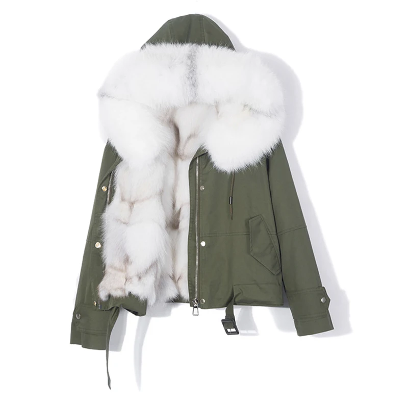 Women Jacket Winter Real Fox Fur Collar Hood Short Coat Parka White Black Real Natural Fur Liner Thick Warm Outerwear Streetwear