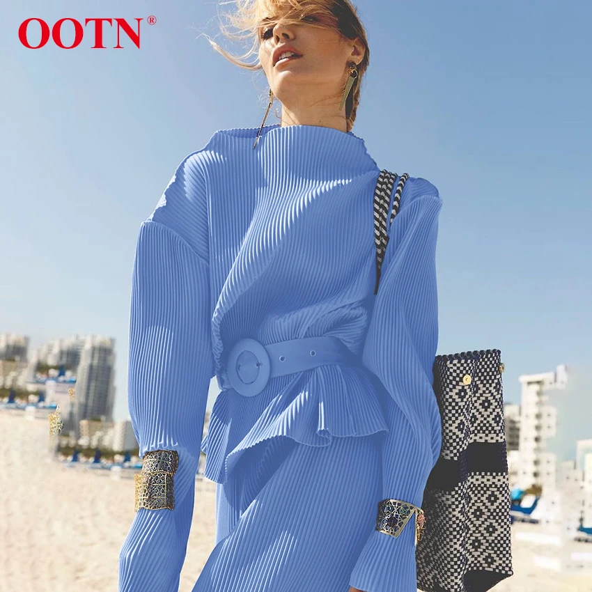 

Элегантный плиссированный брючный костюм, женский пуловер с высоким воротником, топы, регулируемый пояс, эластичная резинка на талии, широк...