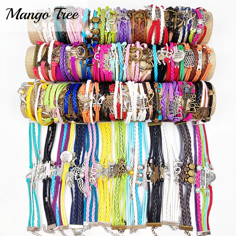 

20Pcs/Lot Vintage Bohemian Multicolor Leather Bangle Rope Multi-layer Braided Bracelet Men Women Adjustable Love Heart Wristband