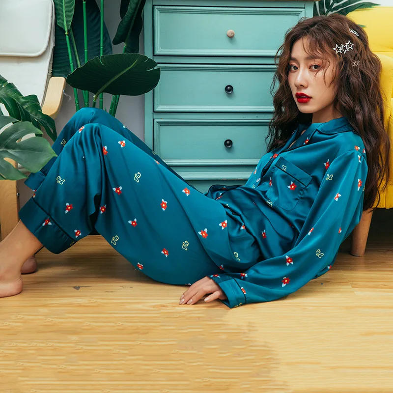 2019 Осенняя женская пижама из искусственного шелка атласная цветочный костюм с