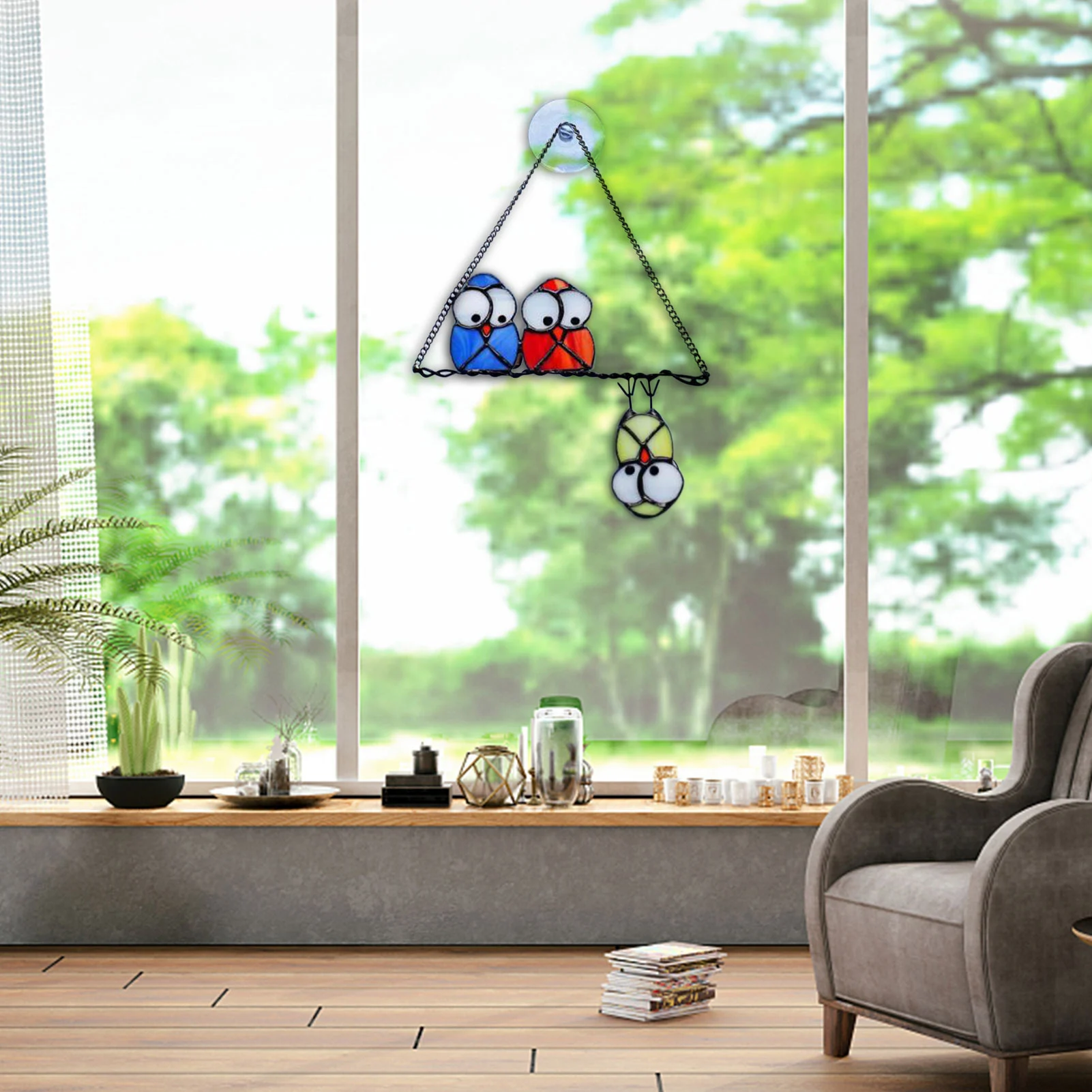 Decoraci&oacute;n de ventana de vidrio para el hogar, adorno de b&uacute;ho &uacute;nico, cadena artesanal colgante para balc&oacute;n y jard&iacute;n, decoraci&oacute;n al aire libre-3