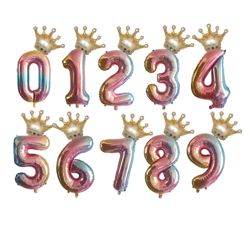 

2pcs 32inch Rainbow Number Foil Balloons with Crown for Kids Boy Girl 1st Birthday Party Decorations Rose Gold Figures Globos