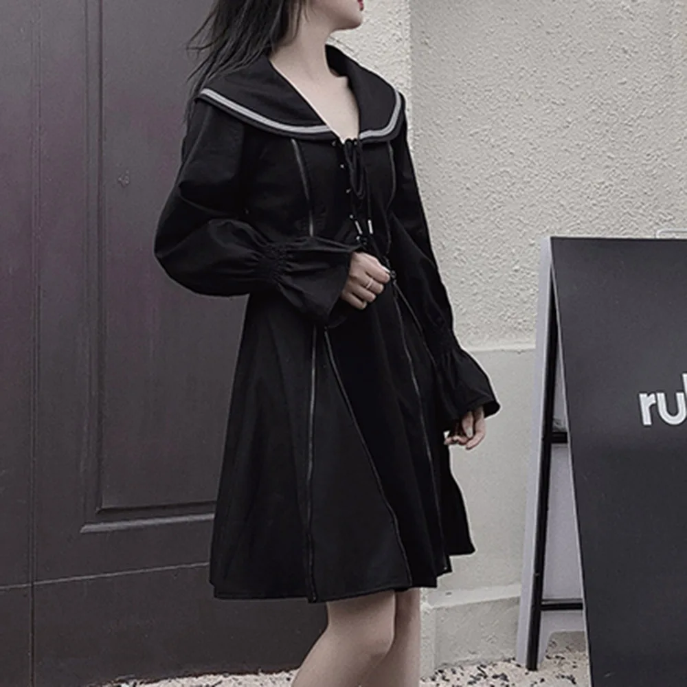 

Gothic Ladies Dresses Spring Autumn Fashion Casual Retro Hipster Designer Zipper Lace Simple Navy Collar Flared Sleeves 2021