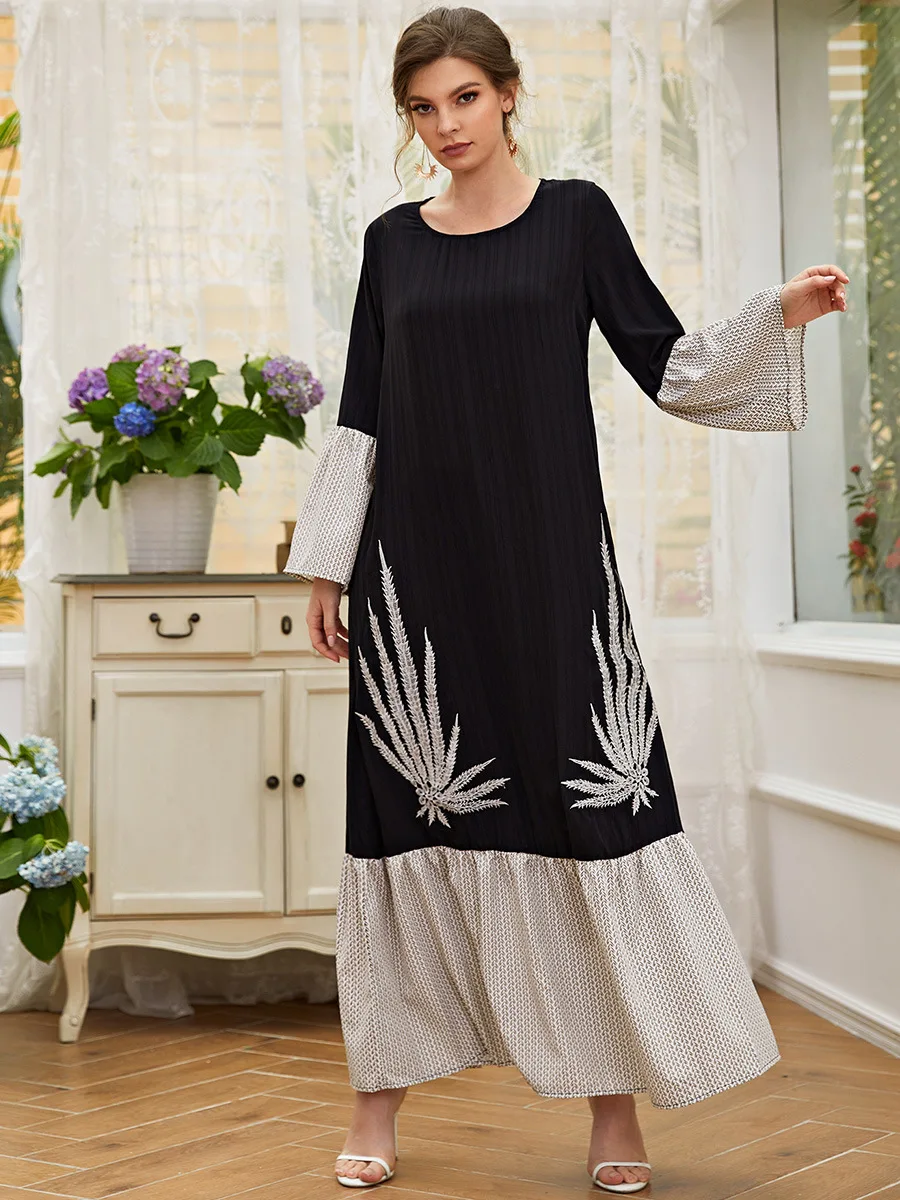 Wepbel Ramadan Djellaba Robe Marocain Kaftan Robe Women Stitching Muslim Abaya Elegant Embroidered Long-Sleeved Hijab Dress