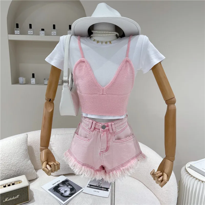 

Niche Design Women's Spring 2021 Fashion Pink High Waisted Shorts Slim And Versatile Flared Jeans